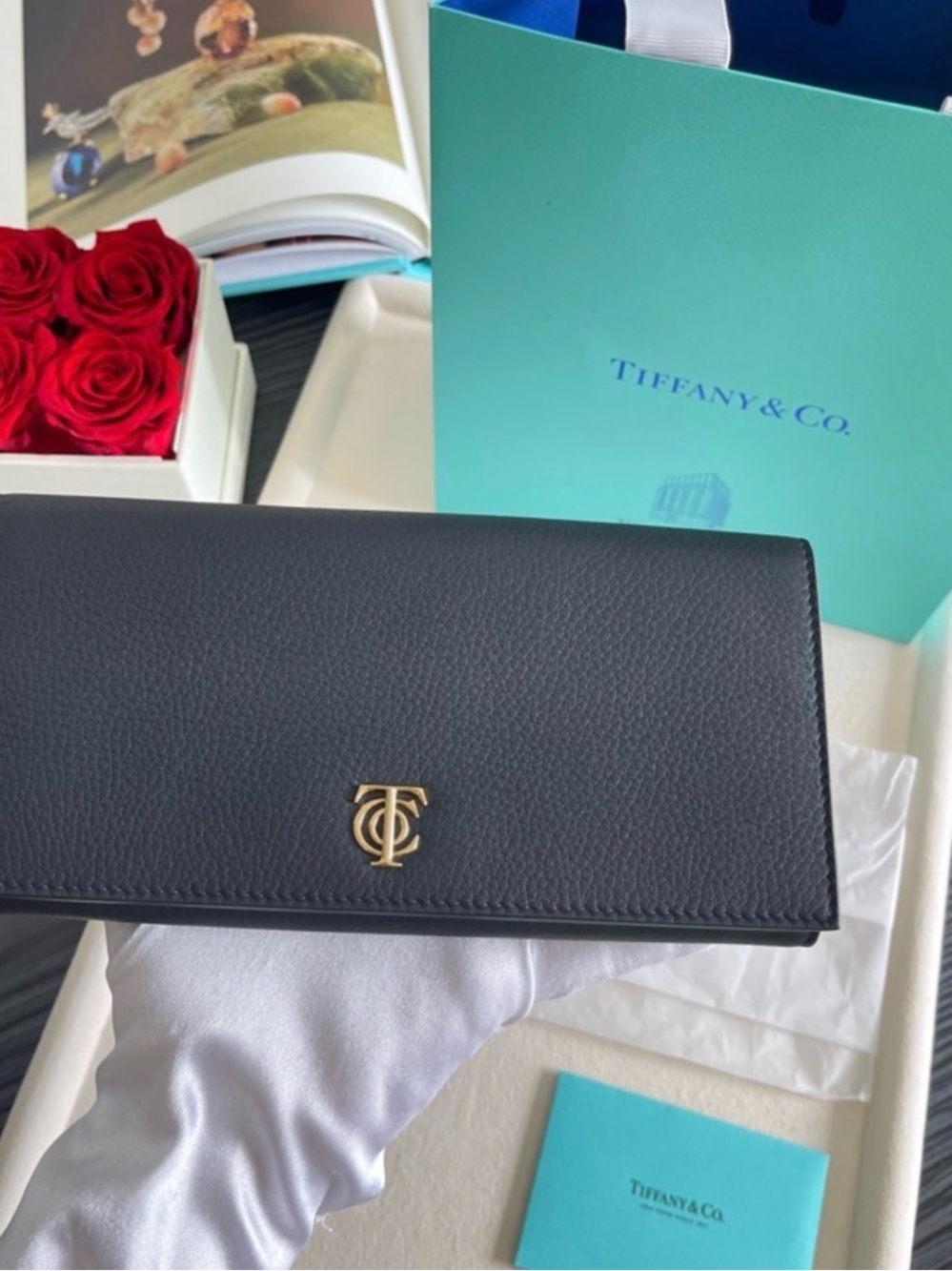 Tiffany & Co. Black Leather Continental Wallet with Gold Logo